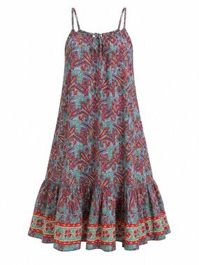 White Waves Paisley Print Sleeveless Swing Dress With Adjustable Straps & Ruffle